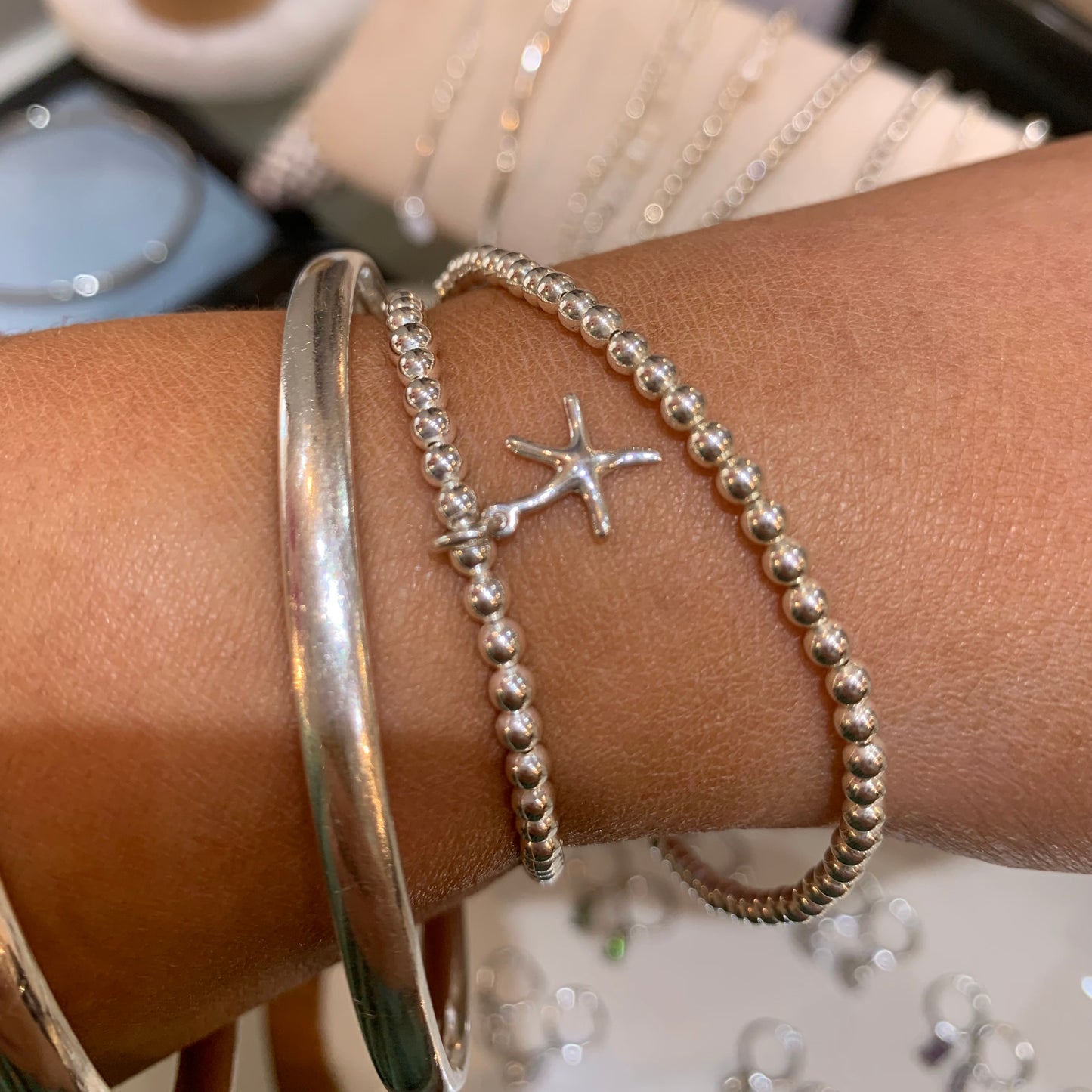 Beaded 925 Sterling Silver Starfish Charm Bracelet
