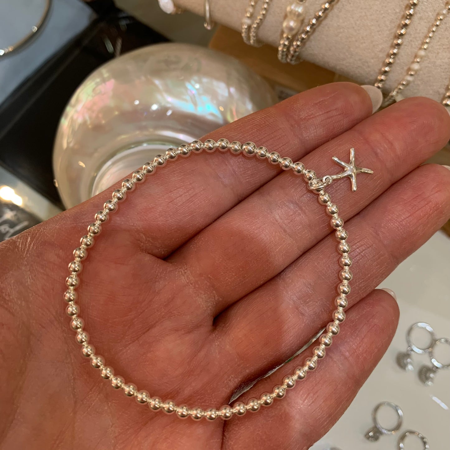 Beaded 925 Sterling Silver Starfish Charm Bracelet