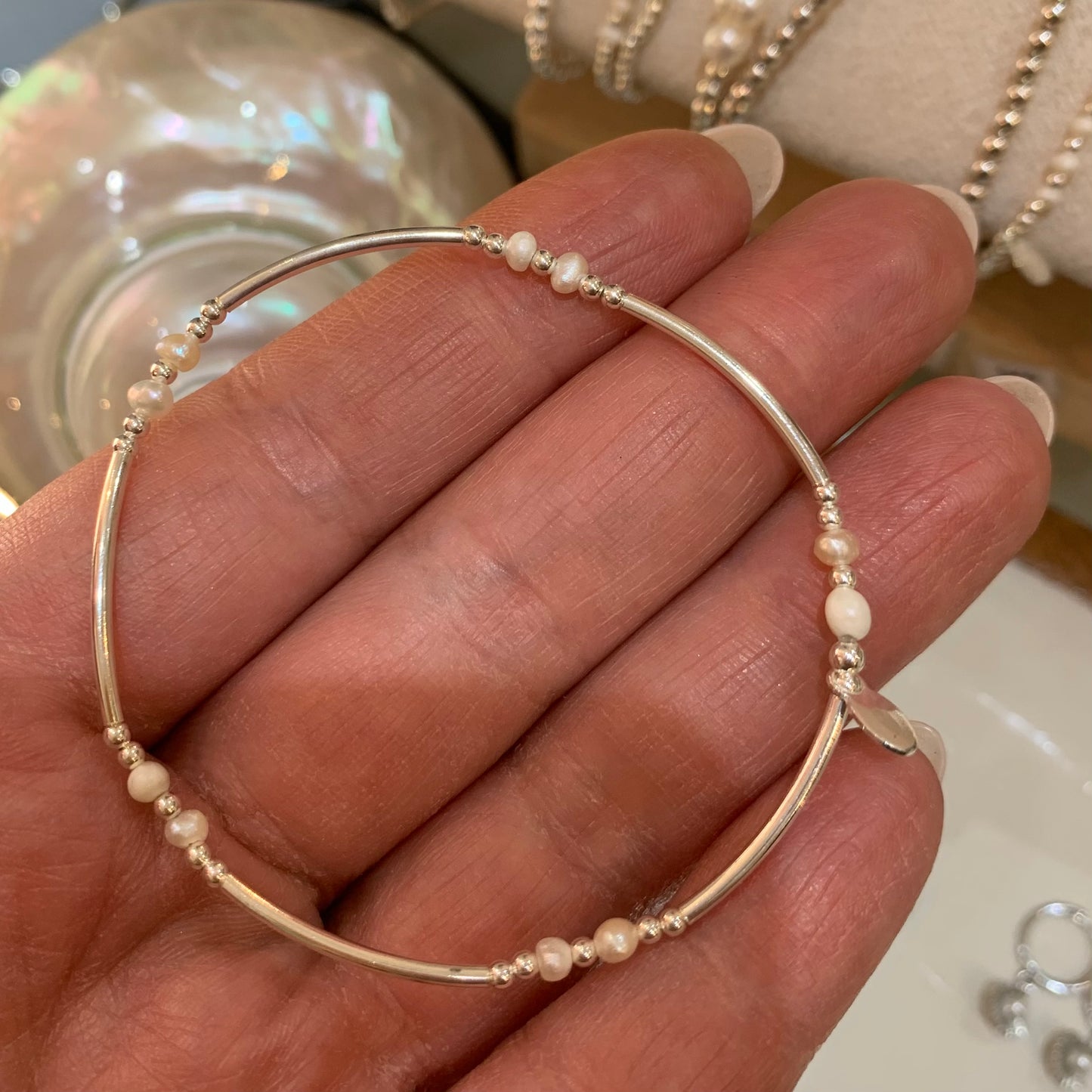 Beaded 925 Sterling Silver Freshwater Pearl Bracelet