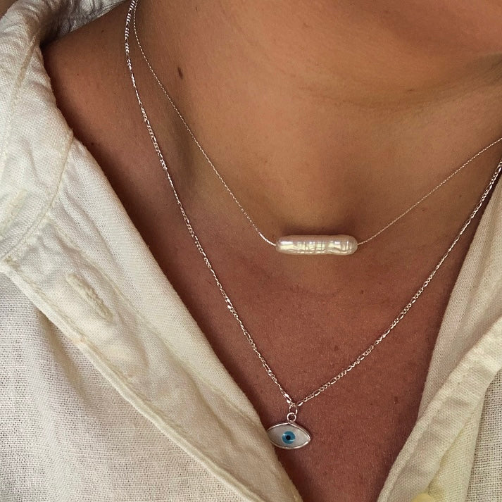Hali Biwa Pearl Pendant Necklace Silver