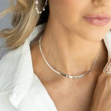 Herringbone Choker Chain Necklace Silver