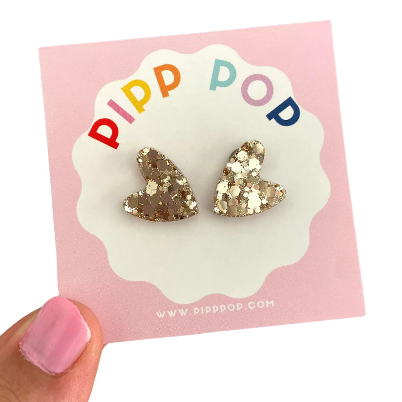 Glitter Heart Gold Statement Stud Earrings