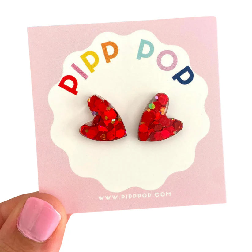 Glitter Heart Red Statement Stud Earrings