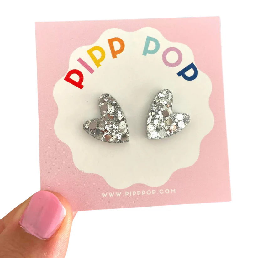 Glitter Heart Silver Statement Stud Earrings