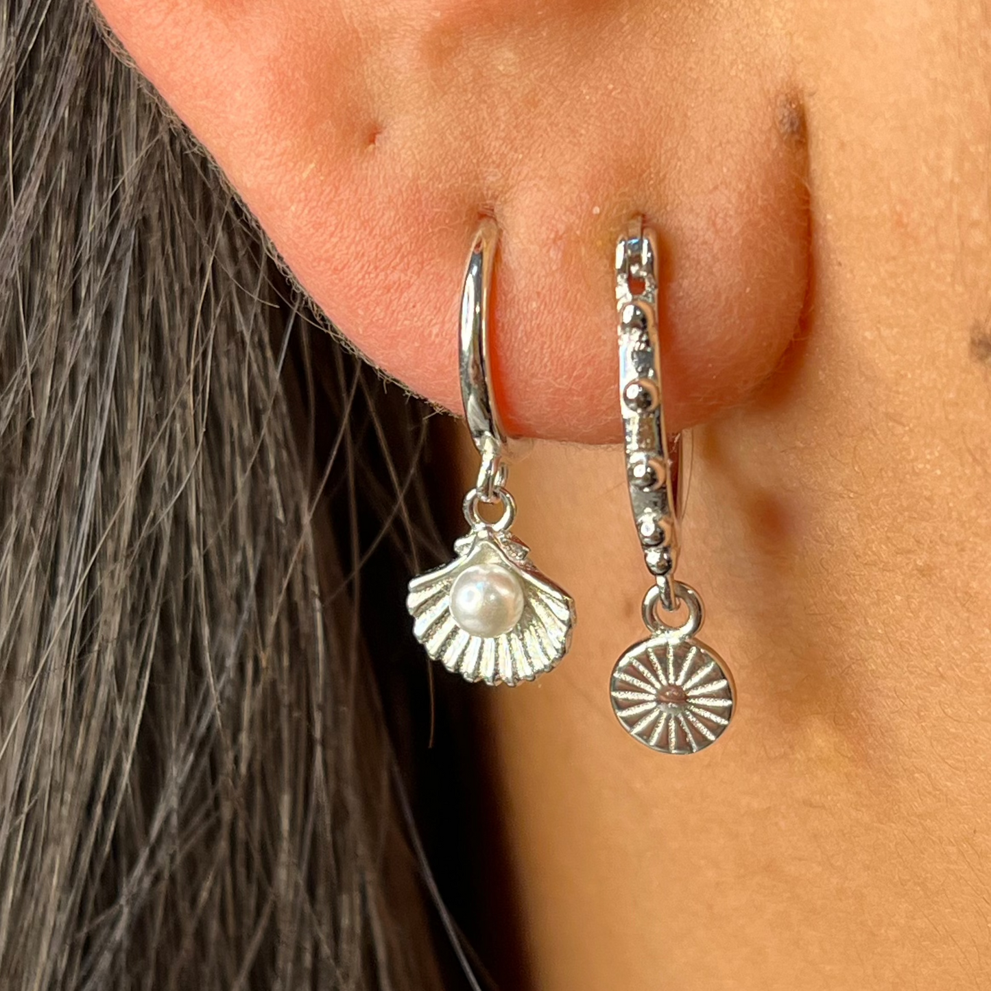Cora Shell Huggie Earrings Silver