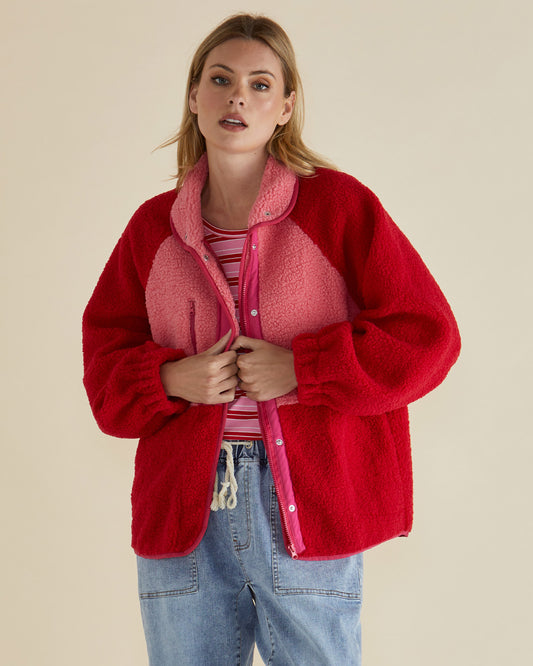 Franklin Fleecy Jacket in Pink/Red