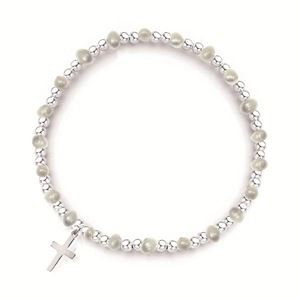 Beaded 925 Sterling Silver Pearl & Cross Bracelet
