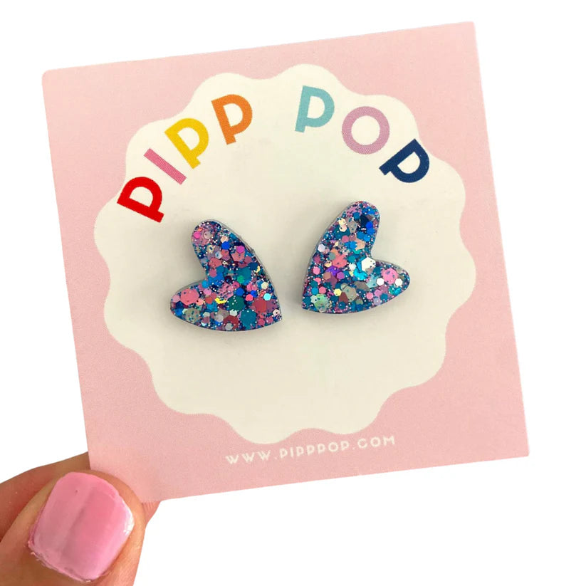 Glitter Heart Blue Statement Stud Earrings