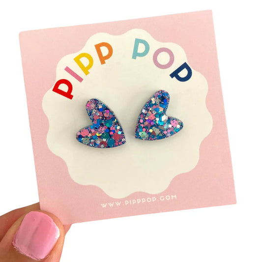 Glitter Heart Blue Statement Stud Earrings
