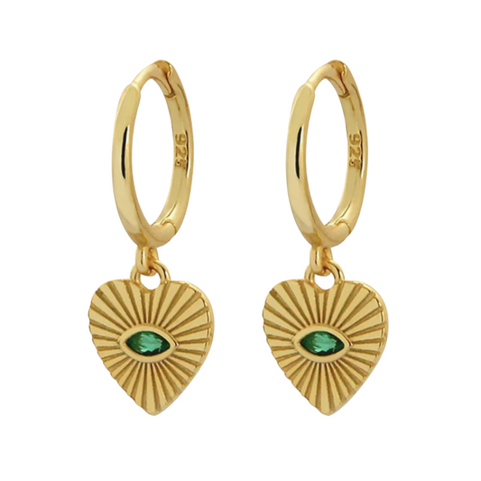 Sylvia Heart Huggie Green Charm Earrings
