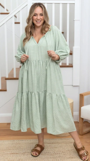 Gingham Sage Midi Dress (It has Pockets!)
