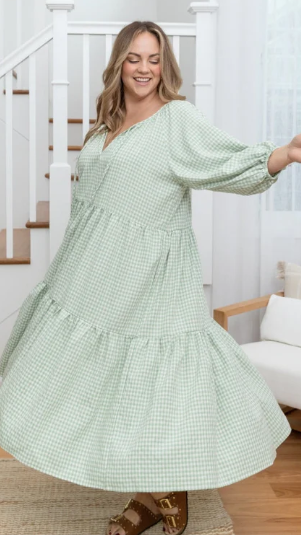 Gingham Sage Midi Dress (It has Pockets!)