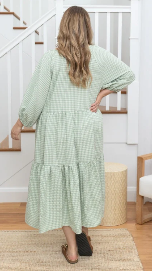 Gingham Sage Midi Dress (It has Pockets!)